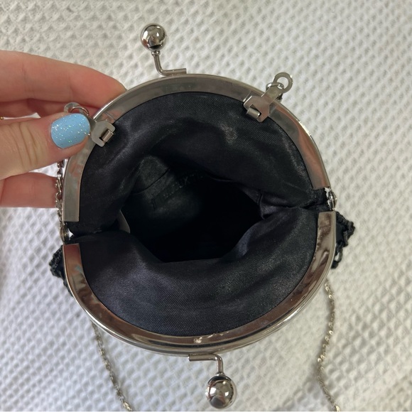 Vintage Bijoux Terner black beaded evening handbag shoulder bag kiss lock silver - Picture 9 of 14